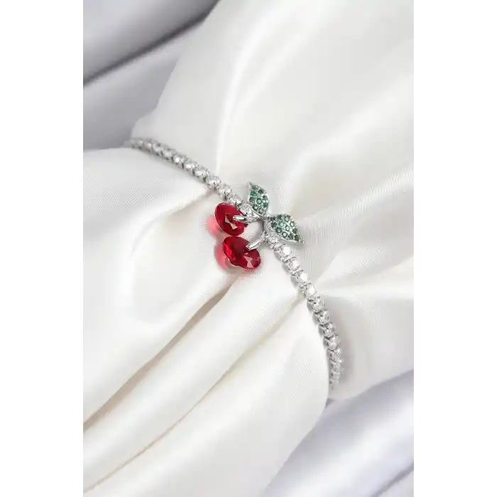 Pirinç Zirkon Taşlı Kiraz Model Gümüş Renk Asansörlü Kadın Bileklik