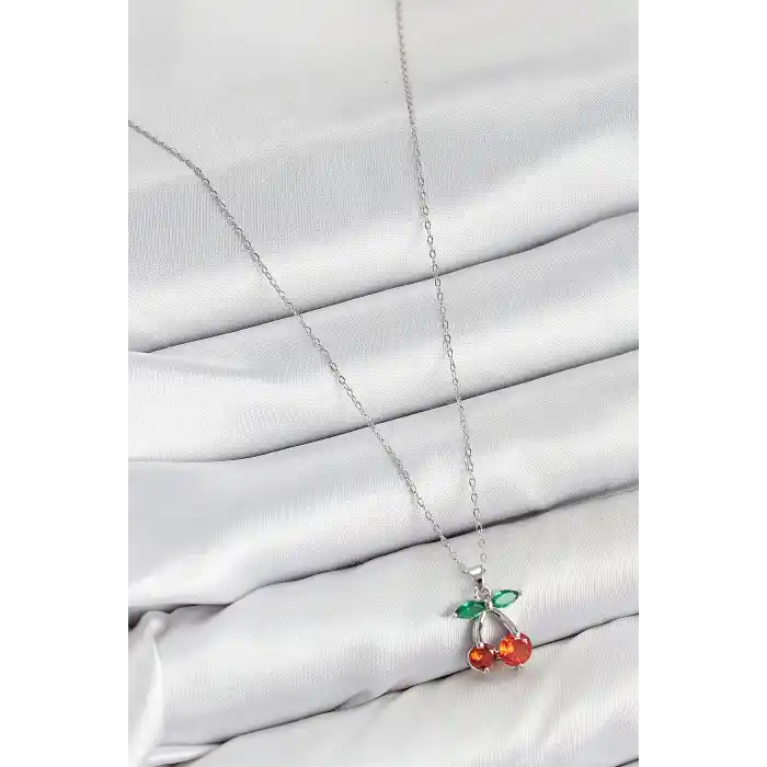 Pirinç Zirkon Taşlı Kiraz Model Gümüş Renk Kadın Kolye