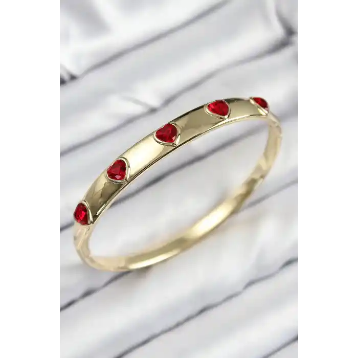 Pirinç Zirkon Taşlı Kırmızı Kalp Model Gold Renk Kadın Kelepçe