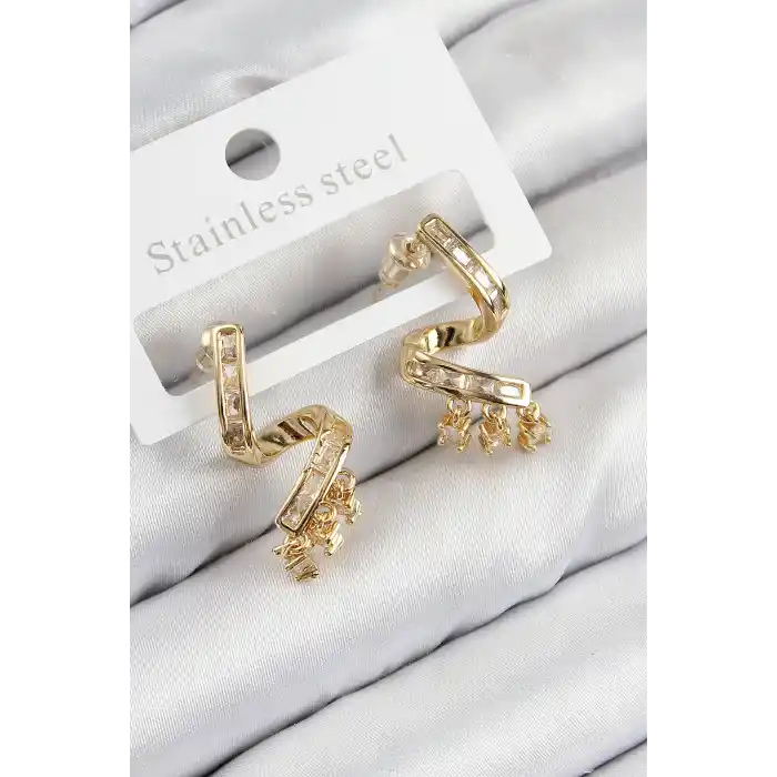 Pirinç Zirkon Taşlı Kıvrımlı Model Gold Renk Kadın Küpe