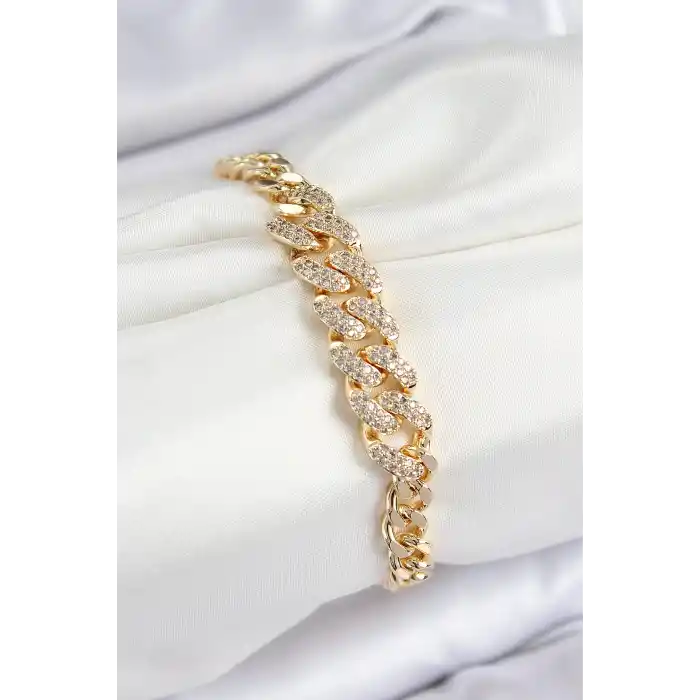 Pirinç Zirkon Taşlı Küba Zincir Model Gold Renk Kadın Bileklik