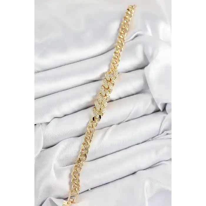 Pirinç Zirkon Taşlı Küba Zincir Model Gold Renk Kadın Bileklik