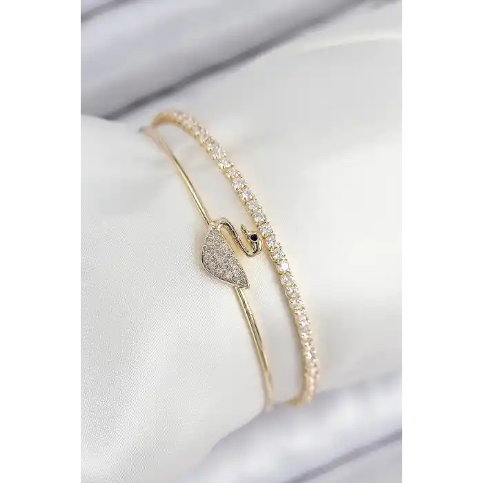 Pirinç Zirkon Taşlı Kuğu Model Gold Renk Kadın Bileklik