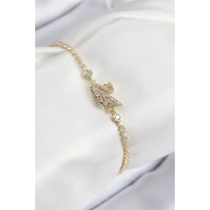 Pirinç Zirkon Taşlı Kuğu Model Gold Renk Kadın Bileklik