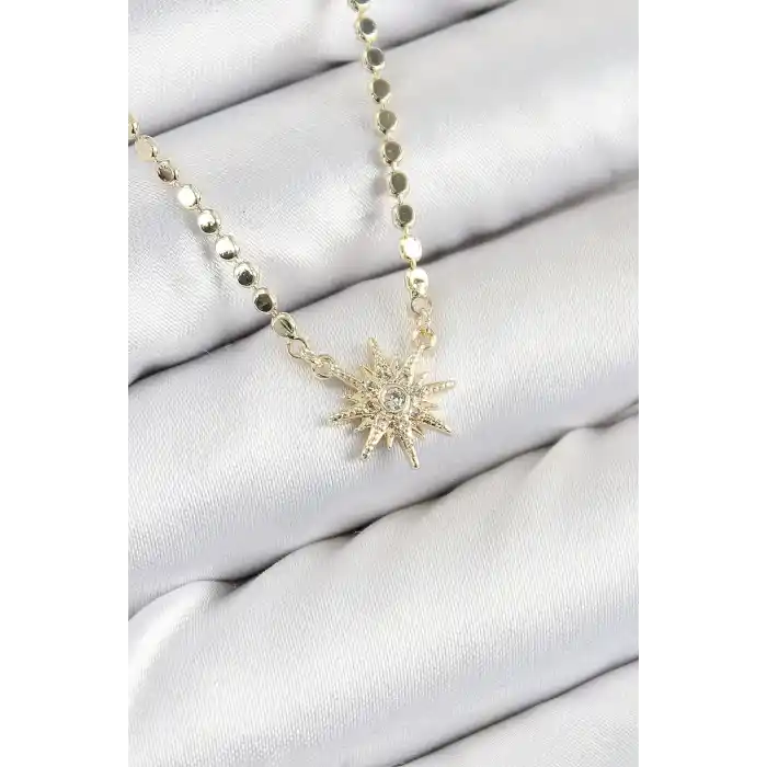 Pirinç Zirkon Taşlı Kutup Yıldızı Model Ezme Zincir Gold Renk Kadın Kolye
