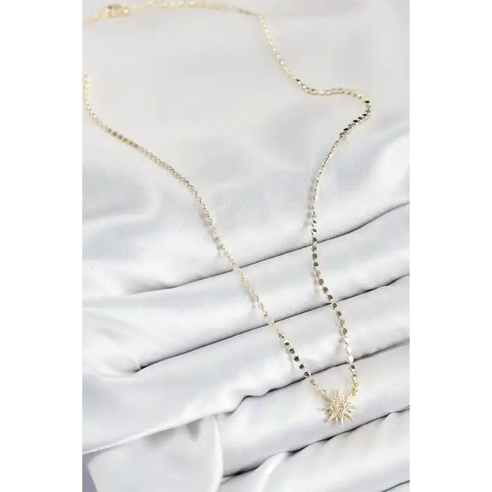 Pirinç Zirkon Taşlı Kutup Yıldızı Model Ezme Zincir Gold Renk Kadın Kolye