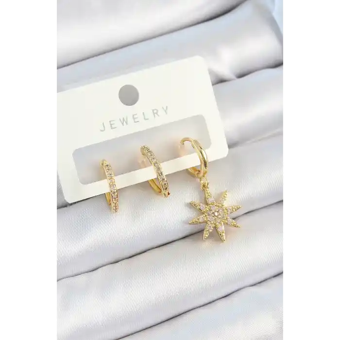 Pirinç Zirkon Taşlı Kutup Yıldızı Model Gold Renk 3lü Çift Kadın Küpe Set