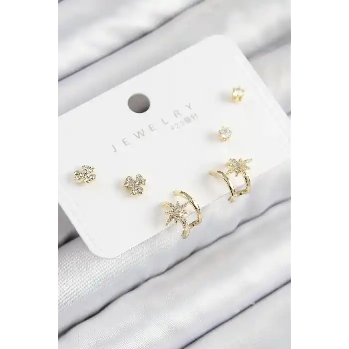 Pirinç Zirkon Taşlı Kutup Yıldızı Model Gold Renk 925 Ayar Gümüş Çivi Kadın Küpe Set
