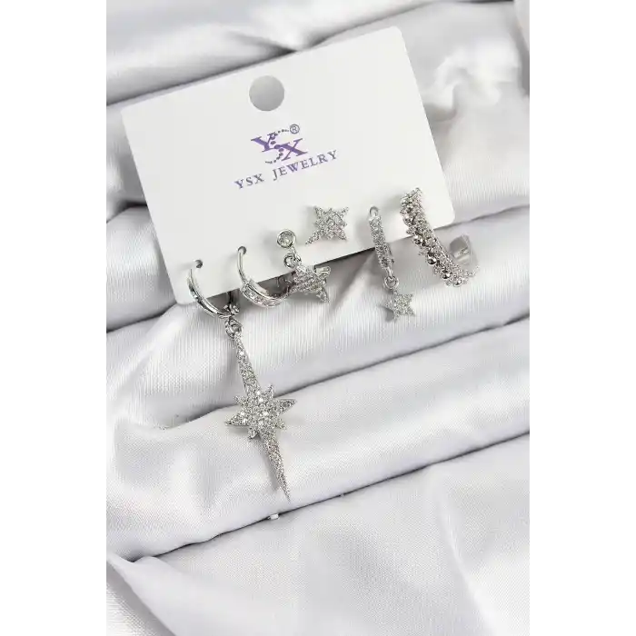 Pirinç Zİrkon Taşlı Kutup Yıldızı Model Gümüş Renk 3lü Çift Kadın Küpe