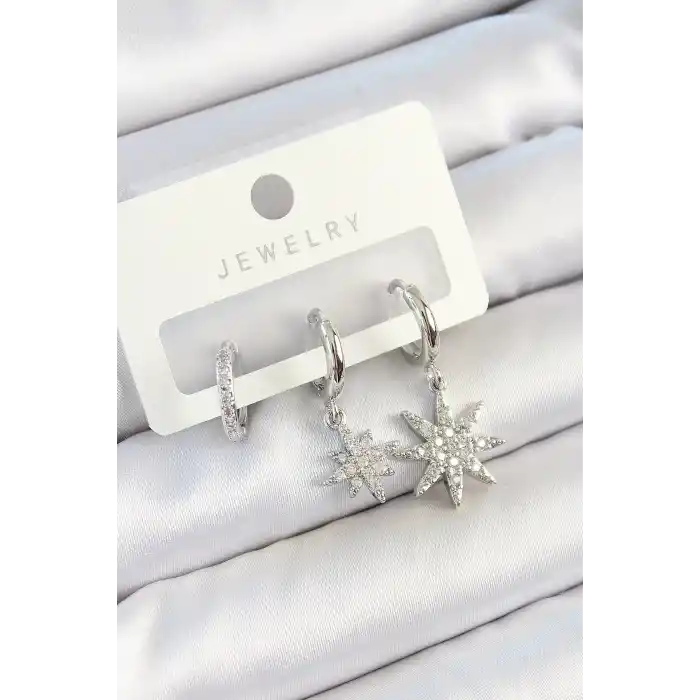Pirinç Zirkon Taşlı Kutup Yıldızı Model Gümüş Renk 3lü Çift Kadın Küpe Set