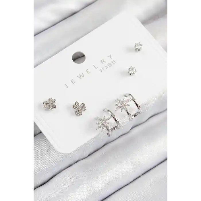 Pirinç Zirkon Taşlı Kutup Yıldızı Model Gümüş Renk 925 Ayar Gümüş Çivi Kadın Küpe Set