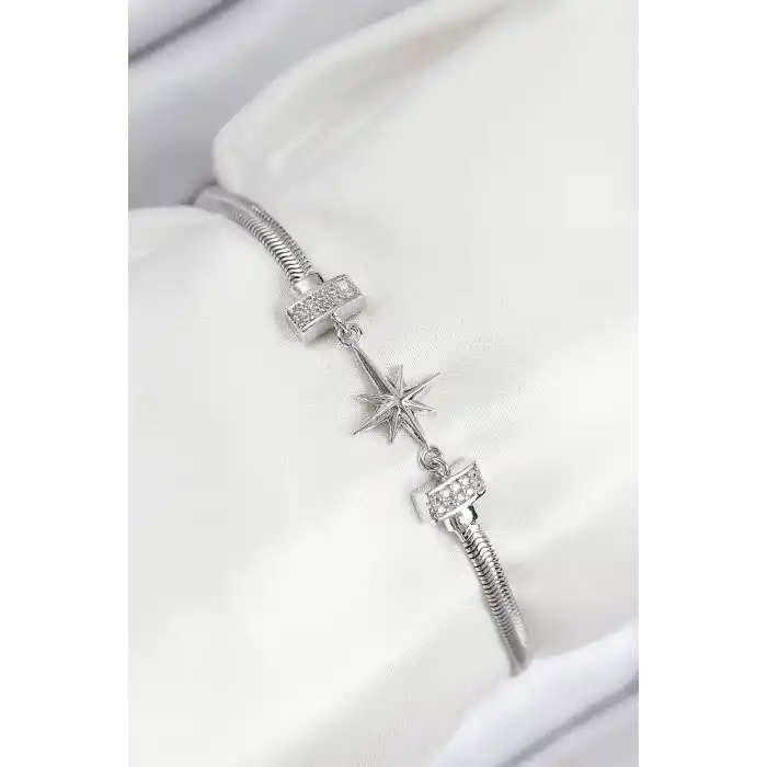 Pirinç Zirkon Taşlı Kutup Yıldızı Model Gümüş Renk Kadın Bileklik