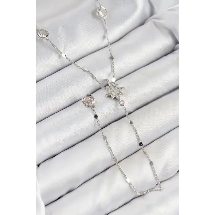 Pirinç Zirkon Taşlı Kutup Yıldızı Model Gümüş Renk Y Kolye