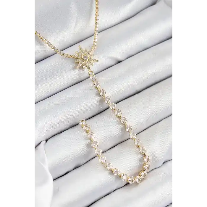Pirinç Zirkon Taşlı Kutup Yıldızı Model Gümüş Renk Y Kolye
