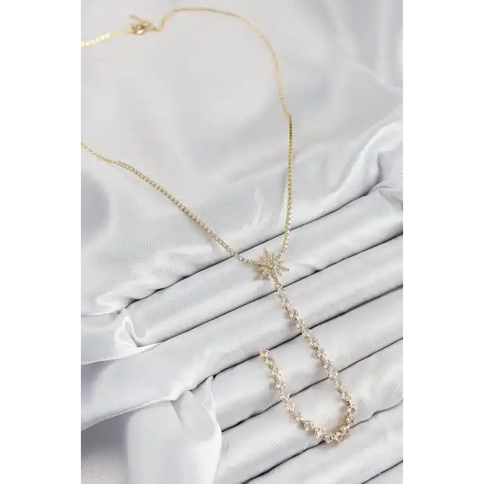 Pirinç Zirkon Taşlı Kutup Yıldızı Model Gümüş Renk Y Kolye