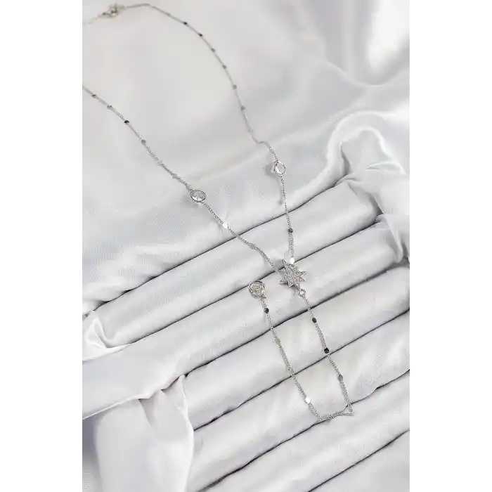 Pirinç Zirkon Taşlı Kutup Yıldızı Model Gümüş Renk Y Kolye