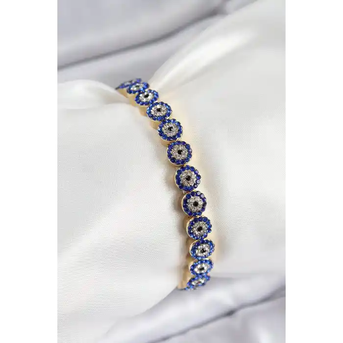 Pirinç Zirkon Taşlı Lacivert Nazar Model Gold Renk Lastikli Kadın Bileklik