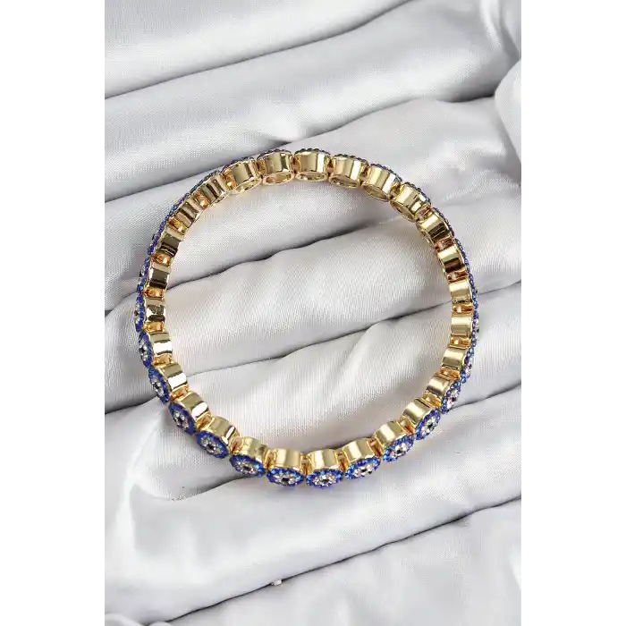 Pirinç Zirkon Taşlı Lacivert Nazar Model Gold Renk Lastikli Kadın Bileklik