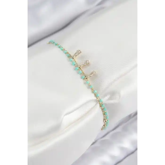 Pirinç Zirkon Taşlı Mavi Boncuklu Model Gold Renk Kadın Bileklik