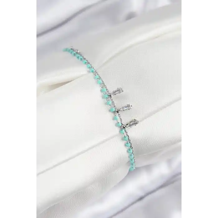 Pirinç Zirkon Taşlı Mavi Boncuklu Model Gümüş Renk Kadın Bileklik