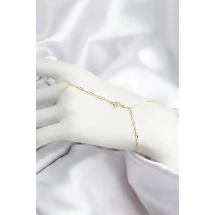 Pirinç Zirkon Taşlı Mavi Boncuklu Yonca Model Gold Renk Şahmeran