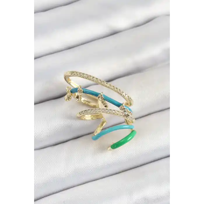 Pirinç Zirkon Taşlı Mavi Yeşil Sıkıştırma Sağ Kıkırdak Gold Renk Kadın Küpe