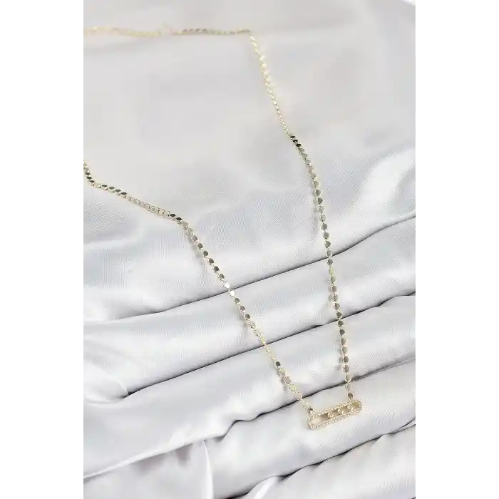 Pirinç Zirkon Taşlı Messika Model Ezme Zincir Gold Renk Kadın Kolye