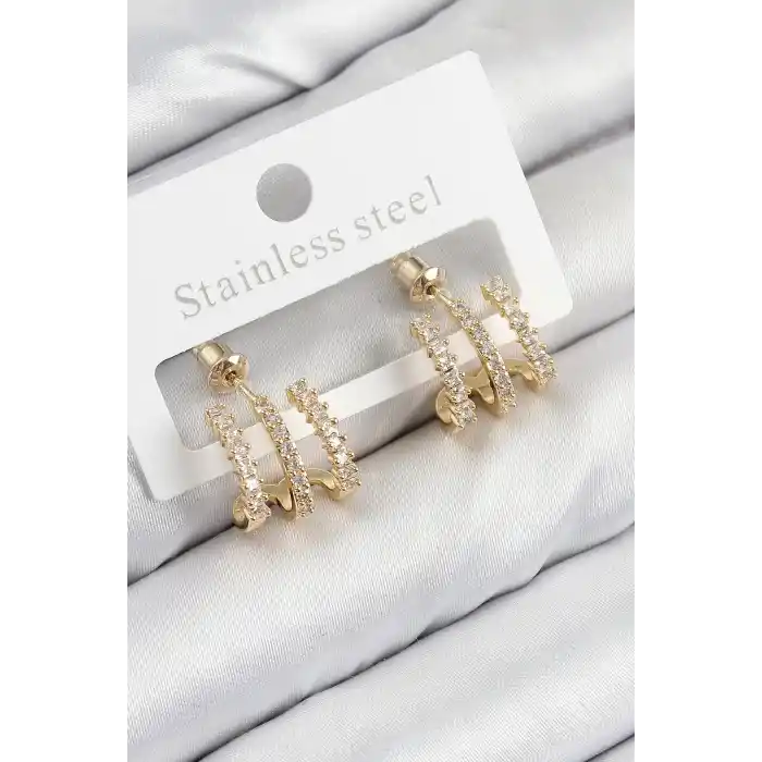 Pirinç Zirkon Taşlı Model Gold Renk Kadın Küpe