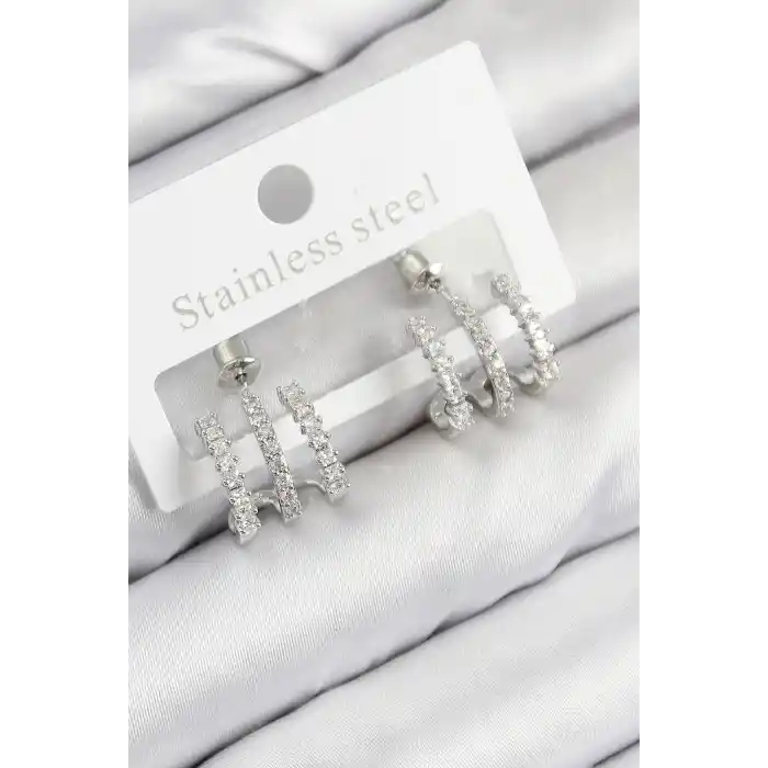 Pirinç Zirkon Taşlı Model Gümüş Renk Kadın Küpe