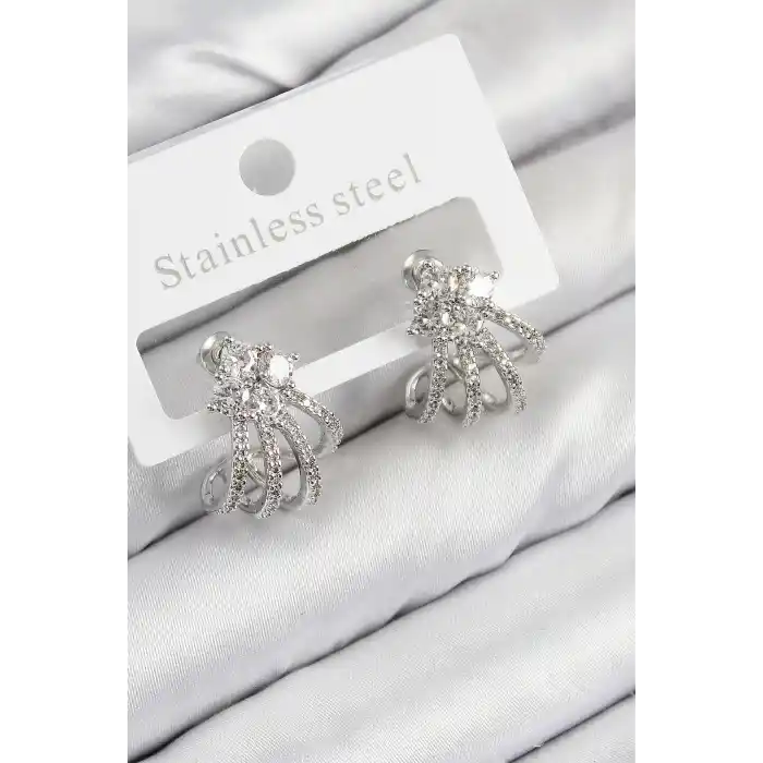 Pirinç Zirkon Taşlı Model Gümüş Renk Kadın Küpe