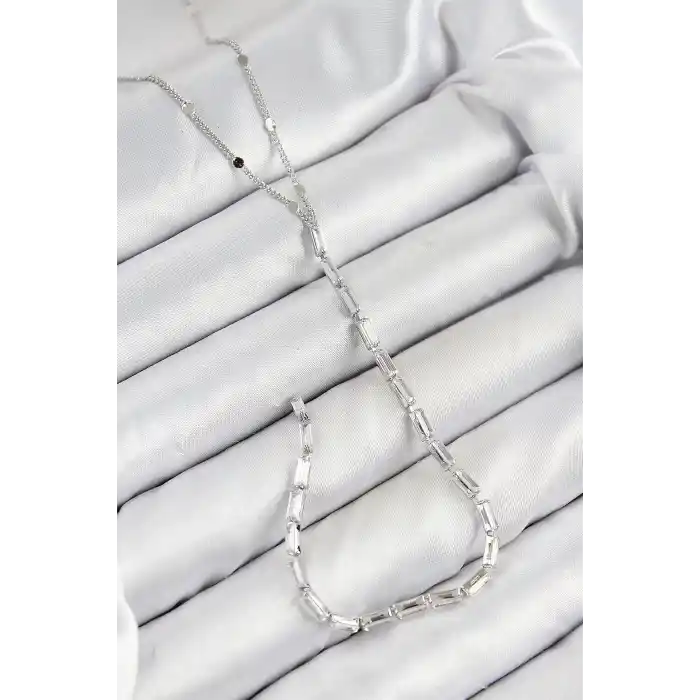 Pirinç Zirkon Taşlı Model Gümüş Renk Y Kolye