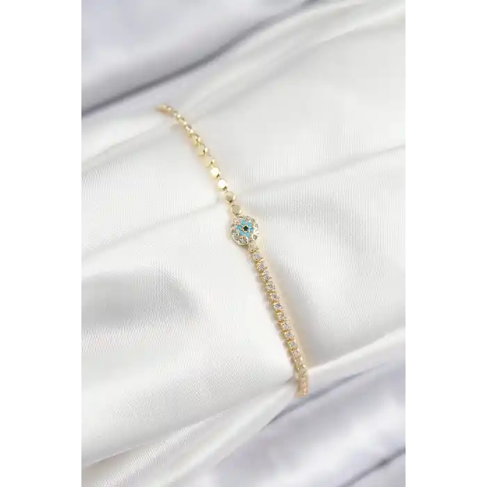 Pirinç Zirkon Taşlı Nazar Model Ezme Zincir Gold Renk Kadın Bileklik