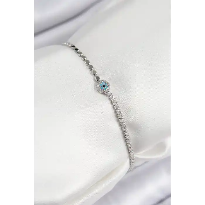 Pirinç Zirkon Taşlı Nazar Model Ezme Zincir Gümüş Renk Kadın Bileklik