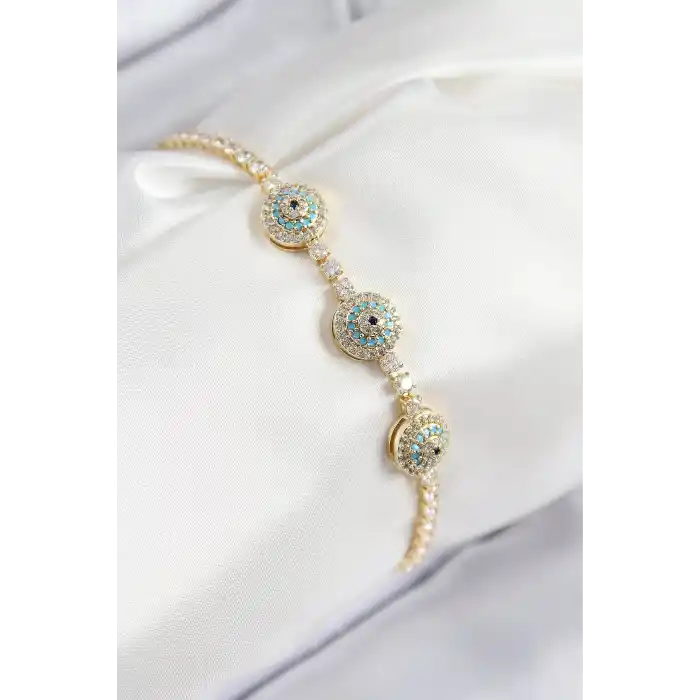 Pirinç Zirkon Taşlı Nazar Model Gold Renk Kadın Bileklik