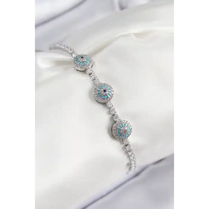 Pirinç Zirkon Taşlı Nazar Model Gümüş Renk Kadın Bileklik