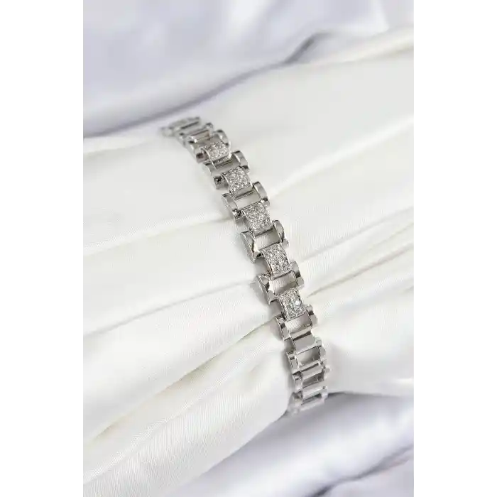 Pirinç Zirkon Taşlı Parçalı Model Gümüş Renk Kadın Bileklik