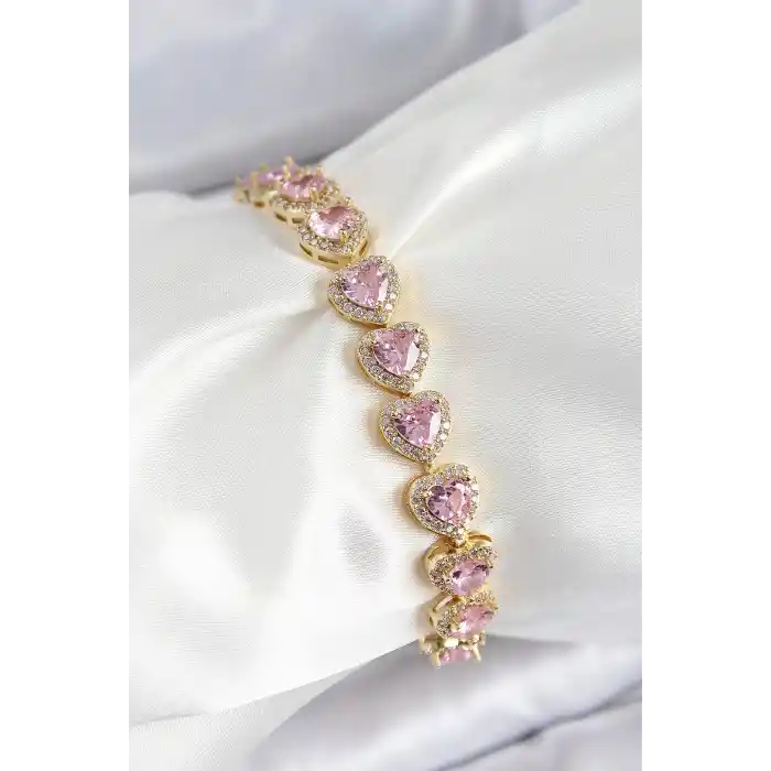 Pirinç Zirkon Taşlı Pembe Kalp Baget Model Gold Renk VIP Seri Kadın Bileklik
