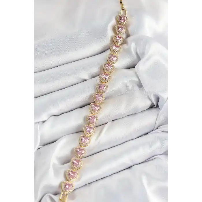 Pirinç Zirkon Taşlı Pembe Kalp Baget Model Gold Renk VIP Seri Kadın Bileklik