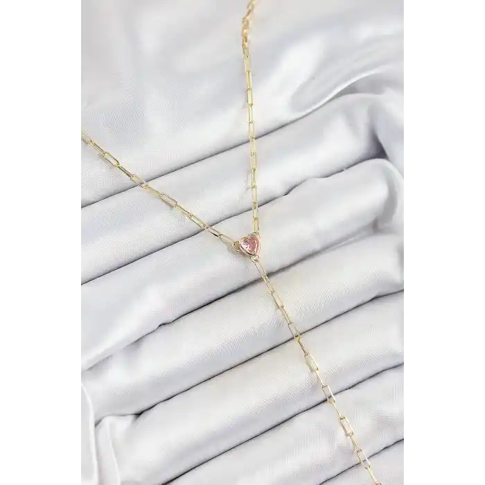 Pirinç Zirkon Taşlı Pembe Kalp Figürlü Y Model Gold Renk Kadın Kolye