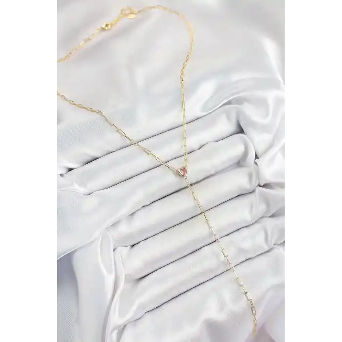 Pirinç Zirkon Taşlı Pembe Kalp Figürlü Y Model Gold Renk Kadın Kolye