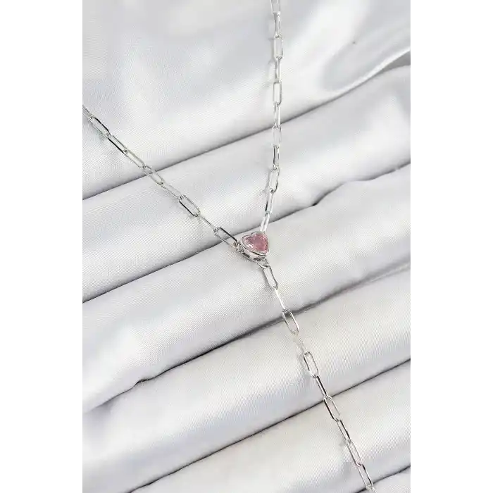 Pirinç Zirkon Taşlı Pembe Kalp Figürlü Y Model Gümüş Renk Kadın Kolye