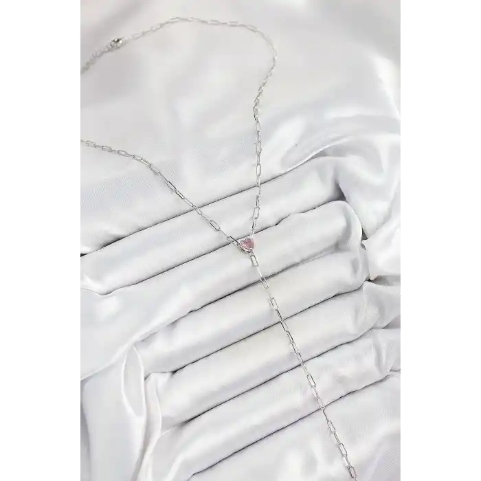 Pirinç Zirkon Taşlı Pembe Kalp Figürlü Y Model Gümüş Renk Kadın Kolye