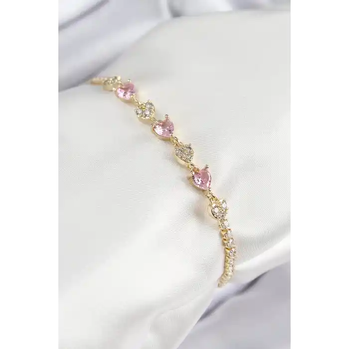 Pirinç Zirkon Taşlı Pembe Kalp Model Gold Renk Kadın Bileklik
