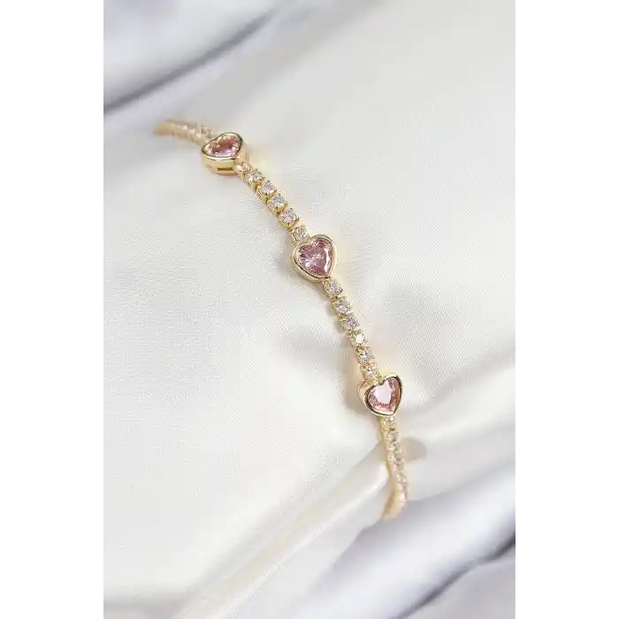 Pirinç Zirkon Taşlı Pembe Kalp Model Gold Renk Kadın Bileklik