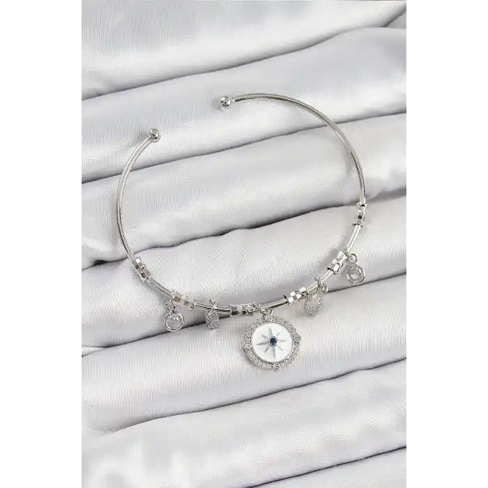Pirinç Zirkon Taşlı Pusula Model Gümüş Renk Charm Bileklik