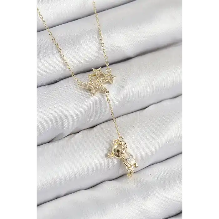 Pirinç Zirkon Taşlı Sallantılı Ayıcıklı Yıldız Model Gold Renk Kadın Kolye