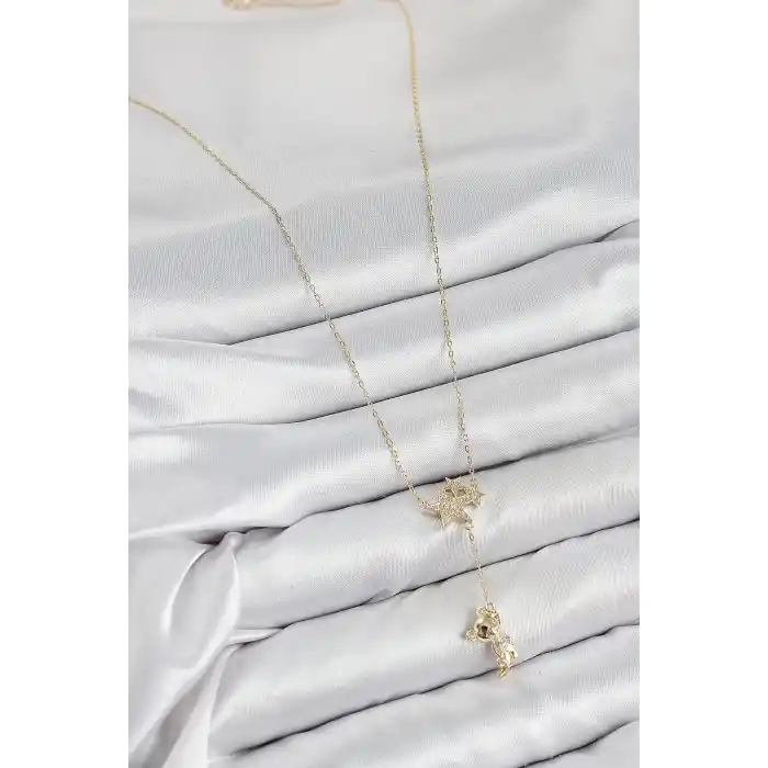 Pirinç Zirkon Taşlı Sallantılı Ayıcıklı Yıldız Model Gold Renk Kadın Kolye