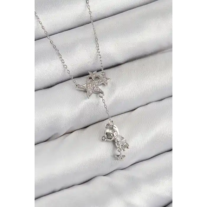 Pirinç Zirkon Taşlı Sallantılı Ayıcıklı Yıldız Model Gümüş Renk Kadın Kolye