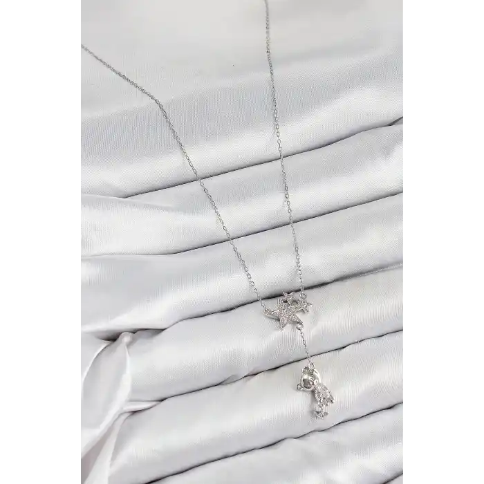 Pirinç Zirkon Taşlı Sallantılı Ayıcıklı Yıldız Model Gümüş Renk Kadın Kolye