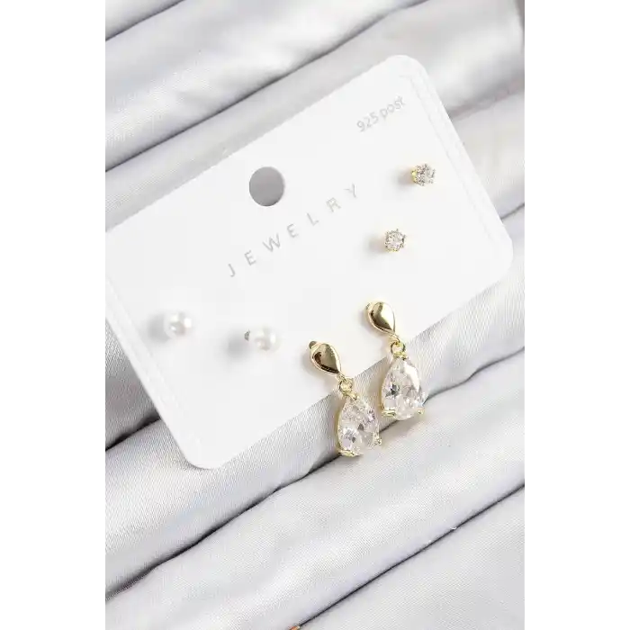 Pirinç Zirkon Taşlı Sallantılı Damla Model Gold Renk 925 Ayar Gümüş Çivi Kadın Küpe Set